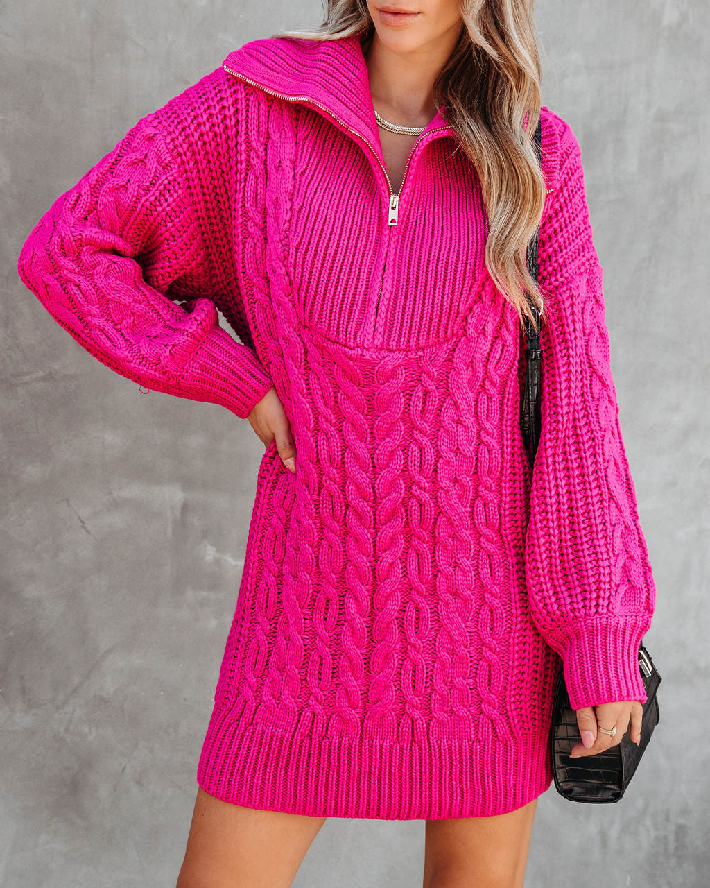 So Fetch Cable Knit Half Zip Sweater Dress - Hot Pink - SALE