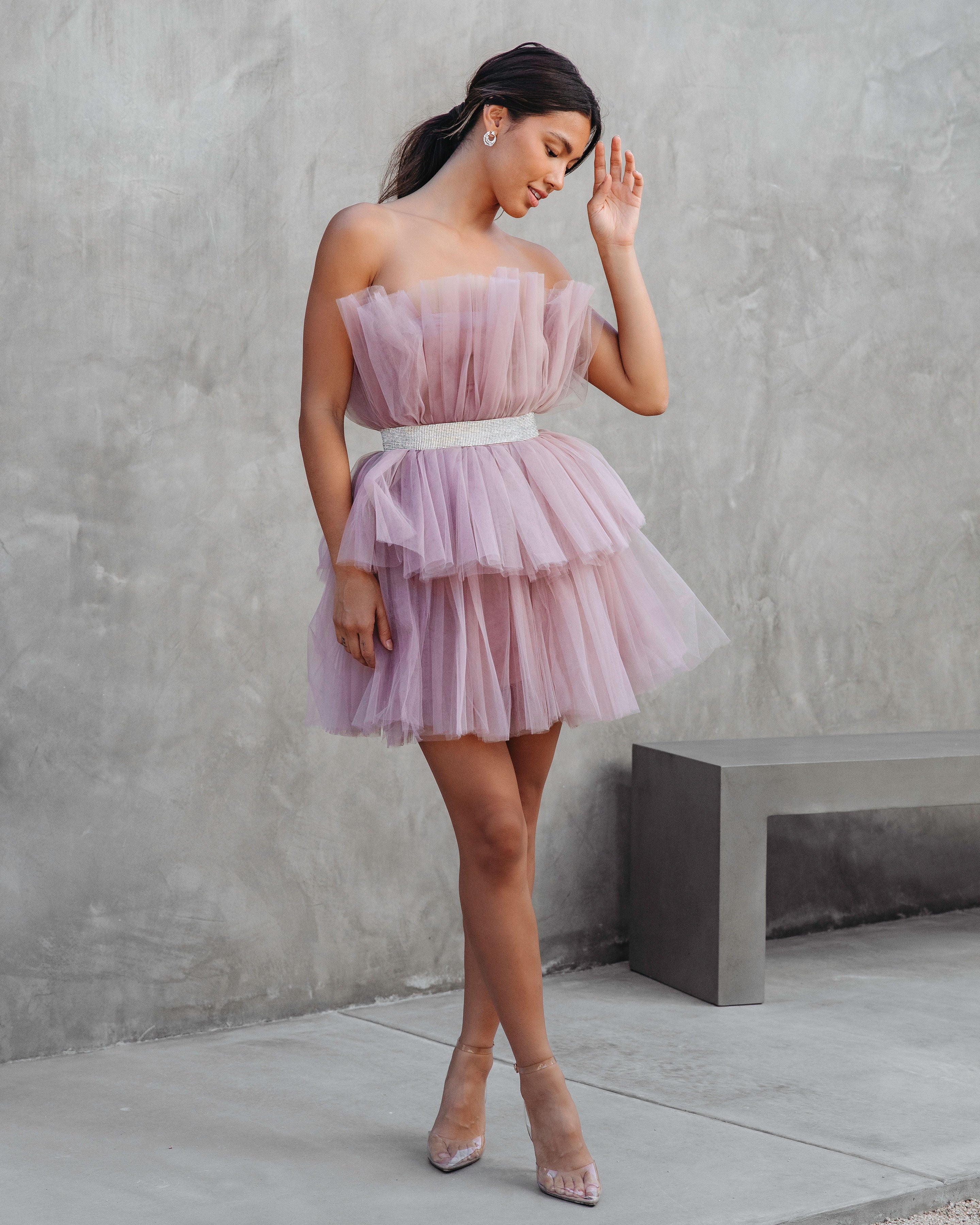 Beauty Queen Strapless Tiered Tulle Embellished Mini Dress - Dusty Lavender