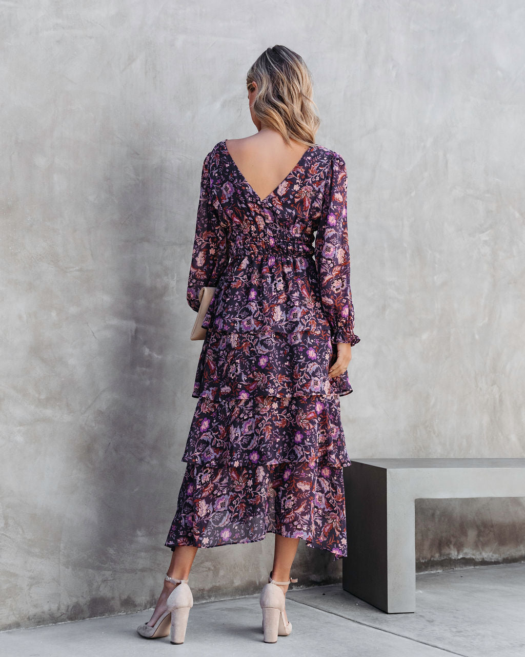 Maleah Floral Tiered Chiffon Midi Dress - Plum