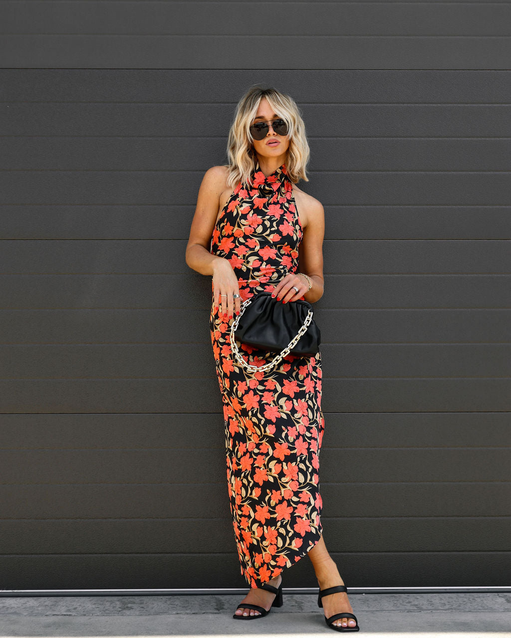 Autumn Bloom Ruched Halter Maxi Dress