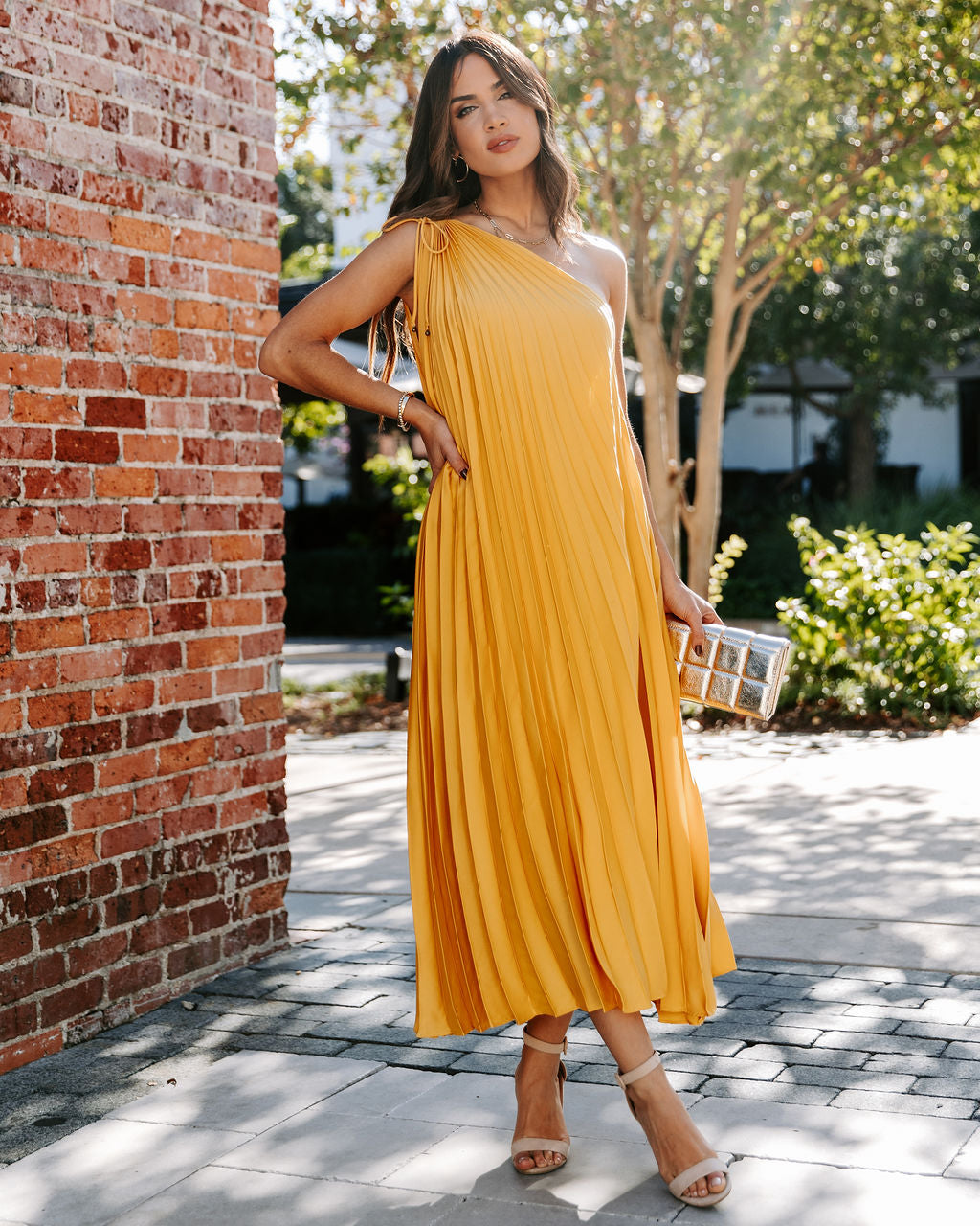 Melina Satin One Shoulder Pleated Midi Dress - Marigold