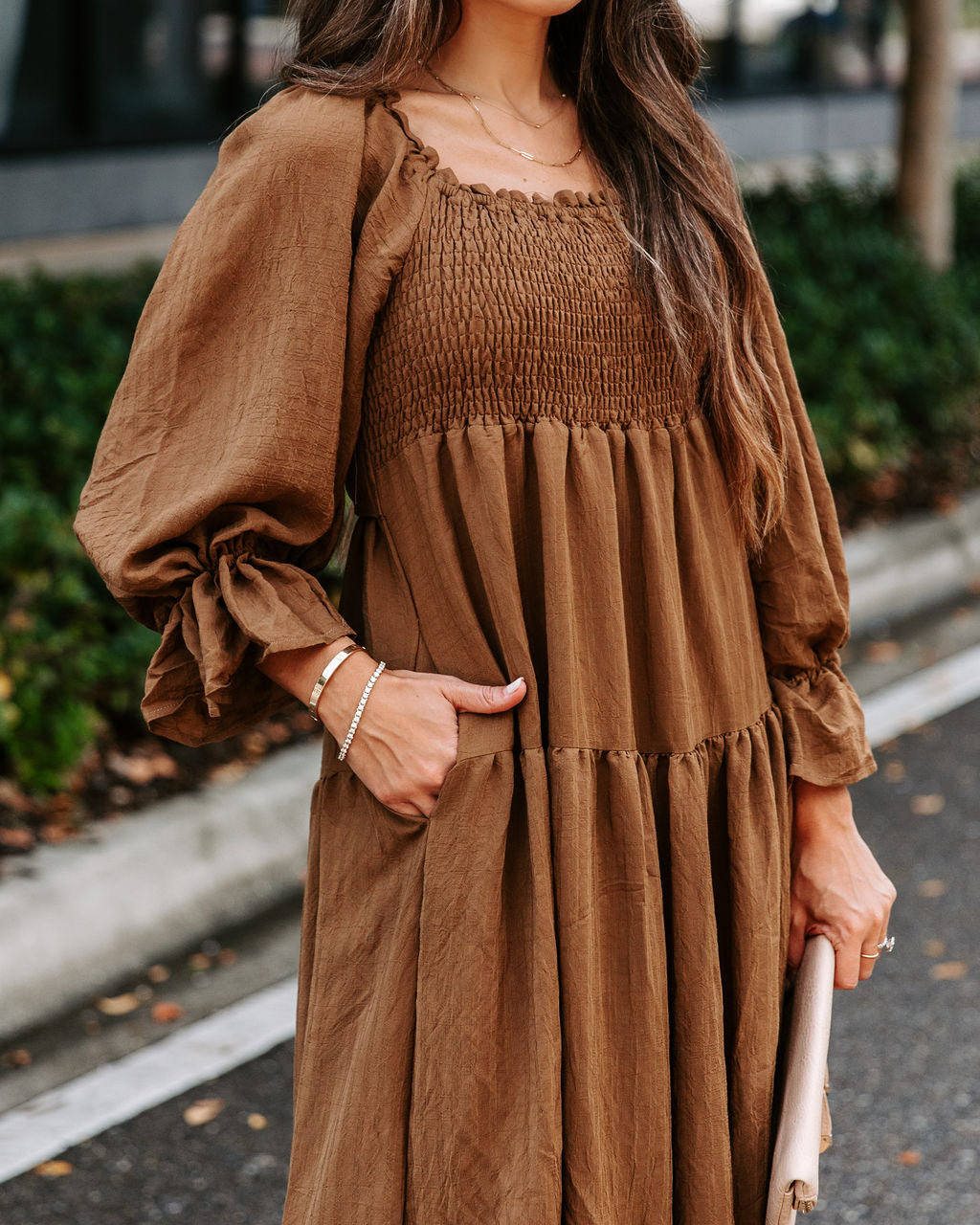 River Pocketed Puff Sleeve Midi Dress - Mocha