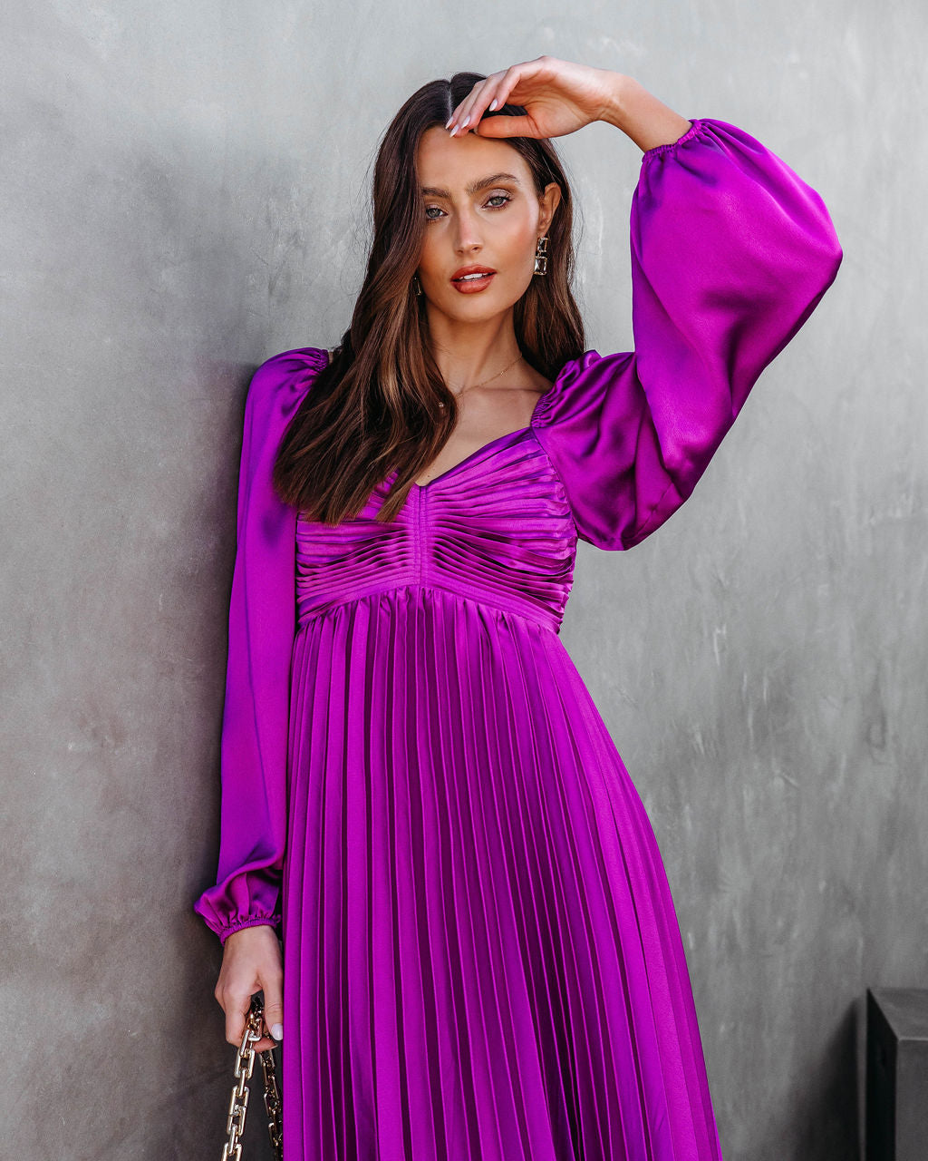 Romantic One Satin Pleated Midi Dress - Purple