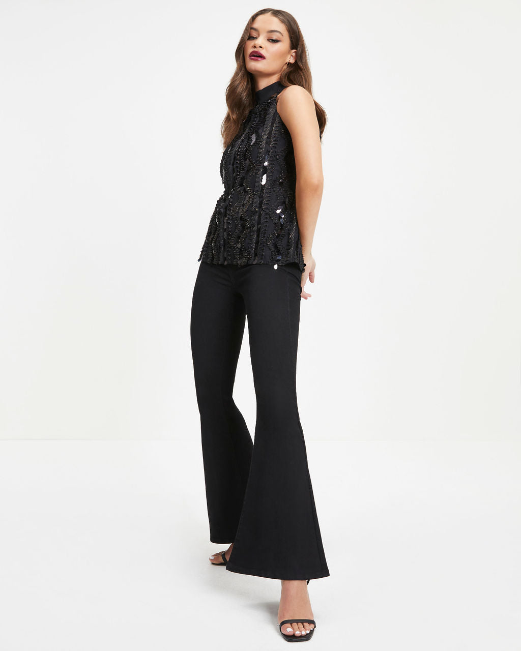 Light Of Darkness Textured Sequins Sleeveless Top - Black