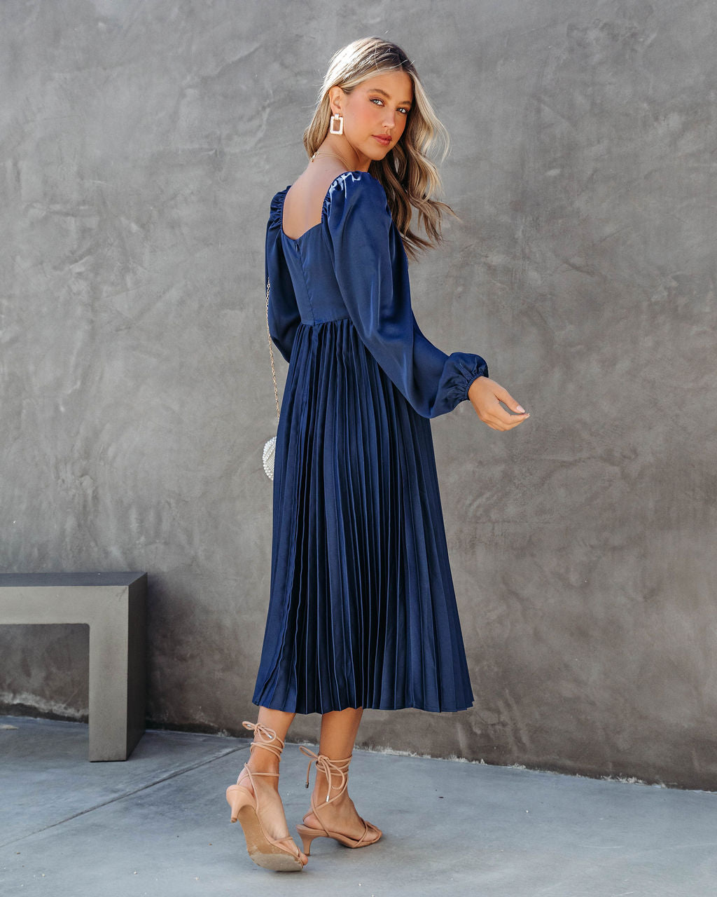 Romantic One Satin Pleated Midi Dress - Navy