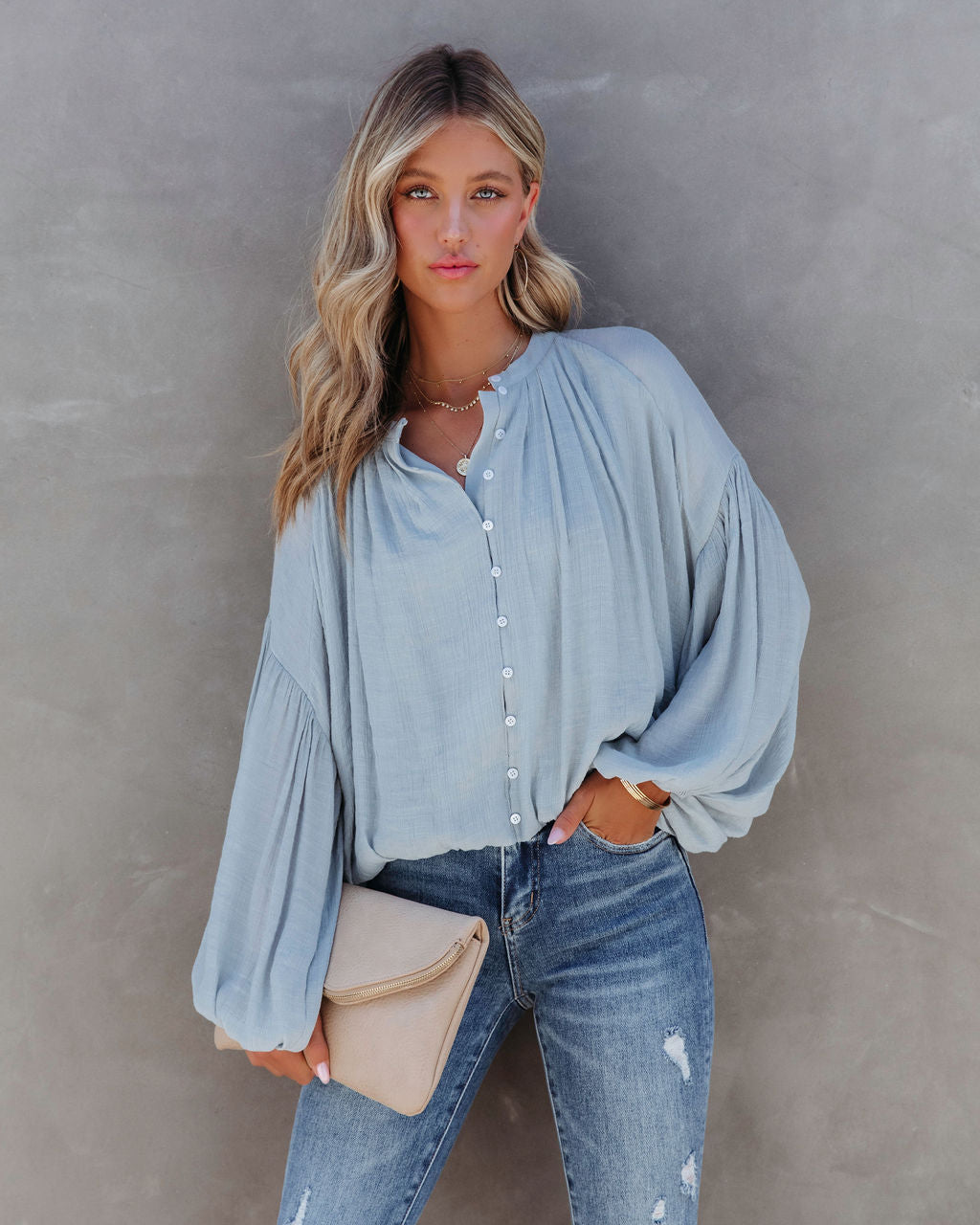 Bodhi Balloon Sleeve Button Up Top - Light Blue