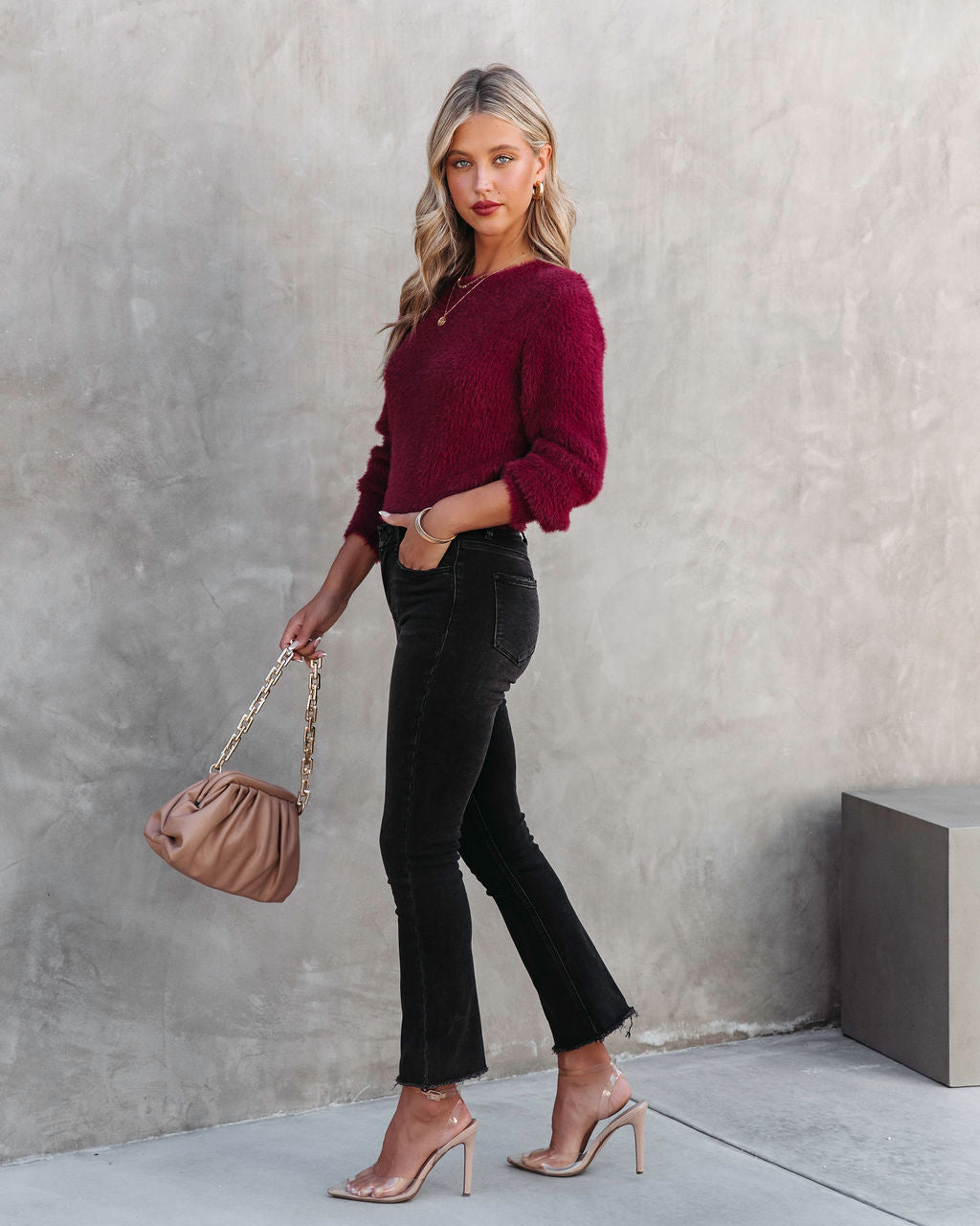 Apple Of My Eye Fuzzy Knit Sweater - Burgundy