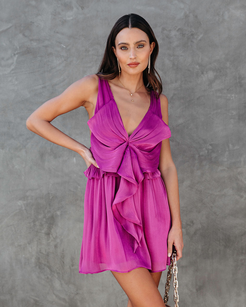 Barbs Drape Ruffle Chiffon Mini Dress - Magenta