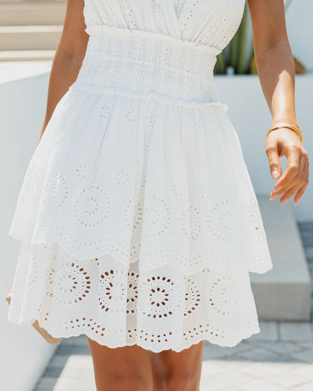 Fuentes Cotton Eyelet Tiered Mini Dress - White - FINAL SALE