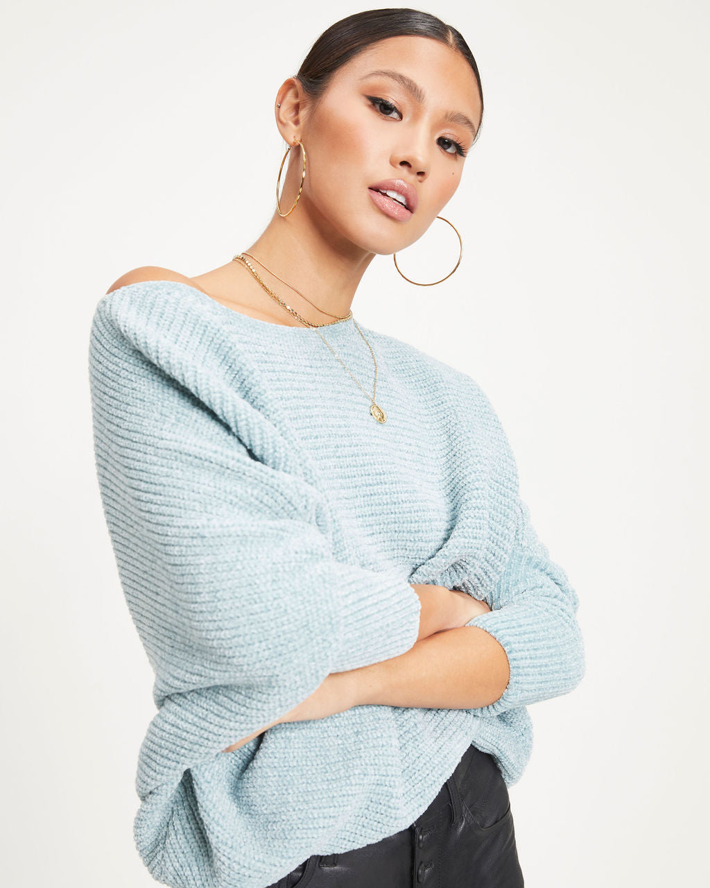 Austin Chenille Dolman Sleeve Pullover Sweater - Light Blue