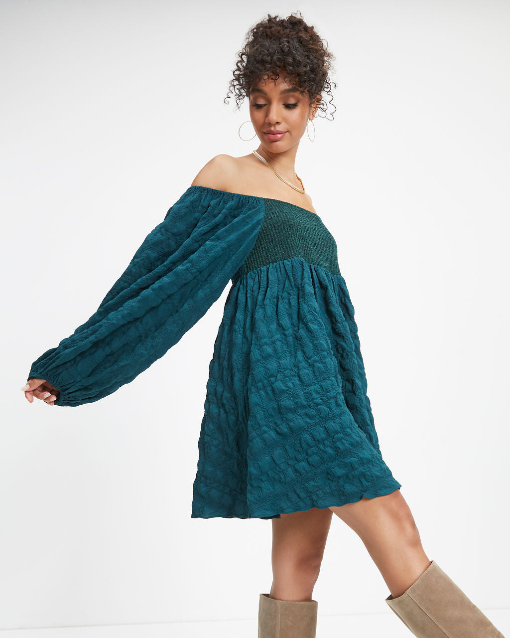 Lost In A Maze Textured Knit Babydoll Dress - Pine