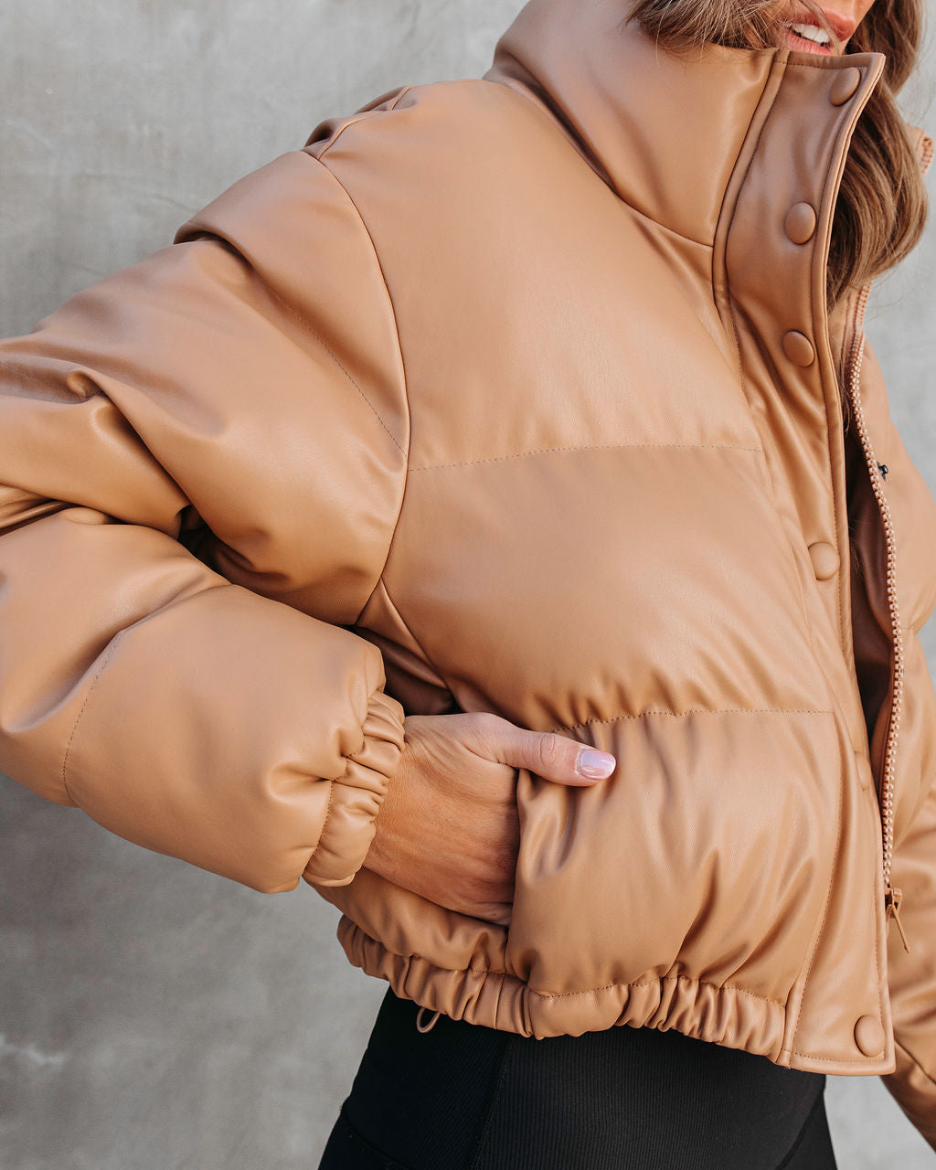 Yorker Faux Leather Pocketed Puff Jacket - Tan