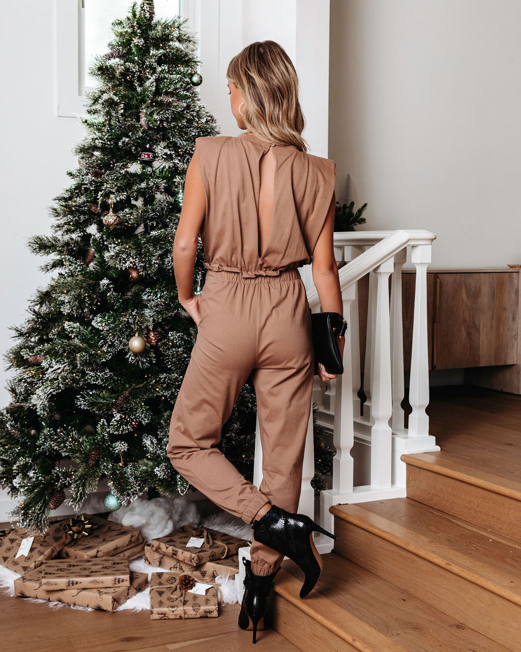 Cutting Edge Cotton Pocketed Paper Bag Waist Jumpsuit - Mocha