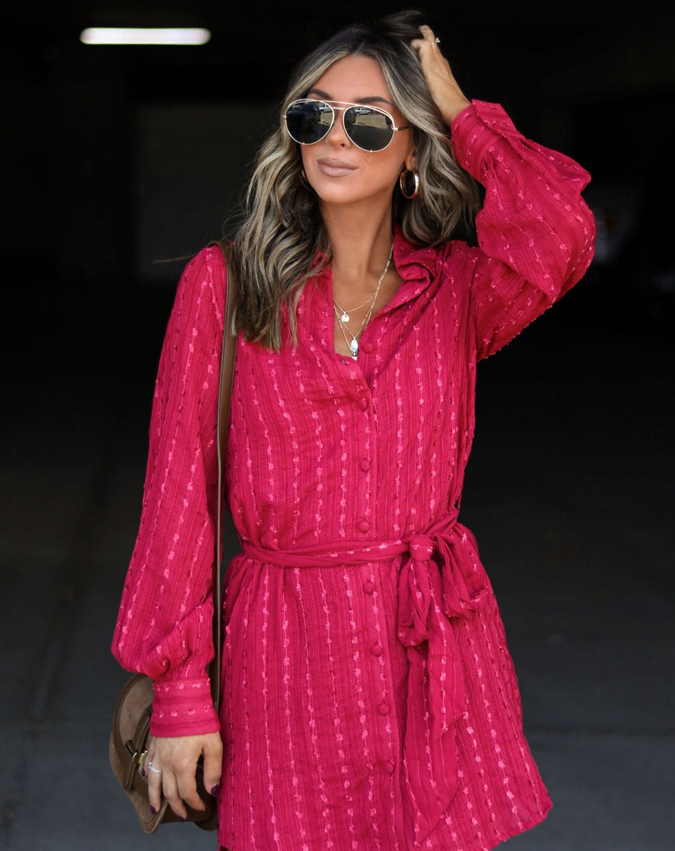 Twaine Textured Button Down Shirt Dress - Marsala