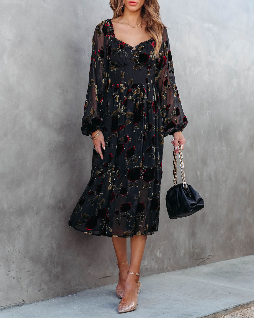 Never Forget Me Floral Burnout Velvet Midi Dress - Black