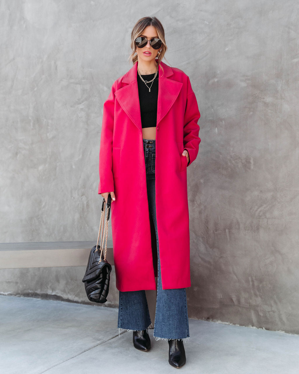 City Night Vibes Pocketed Coat - Fuchsia