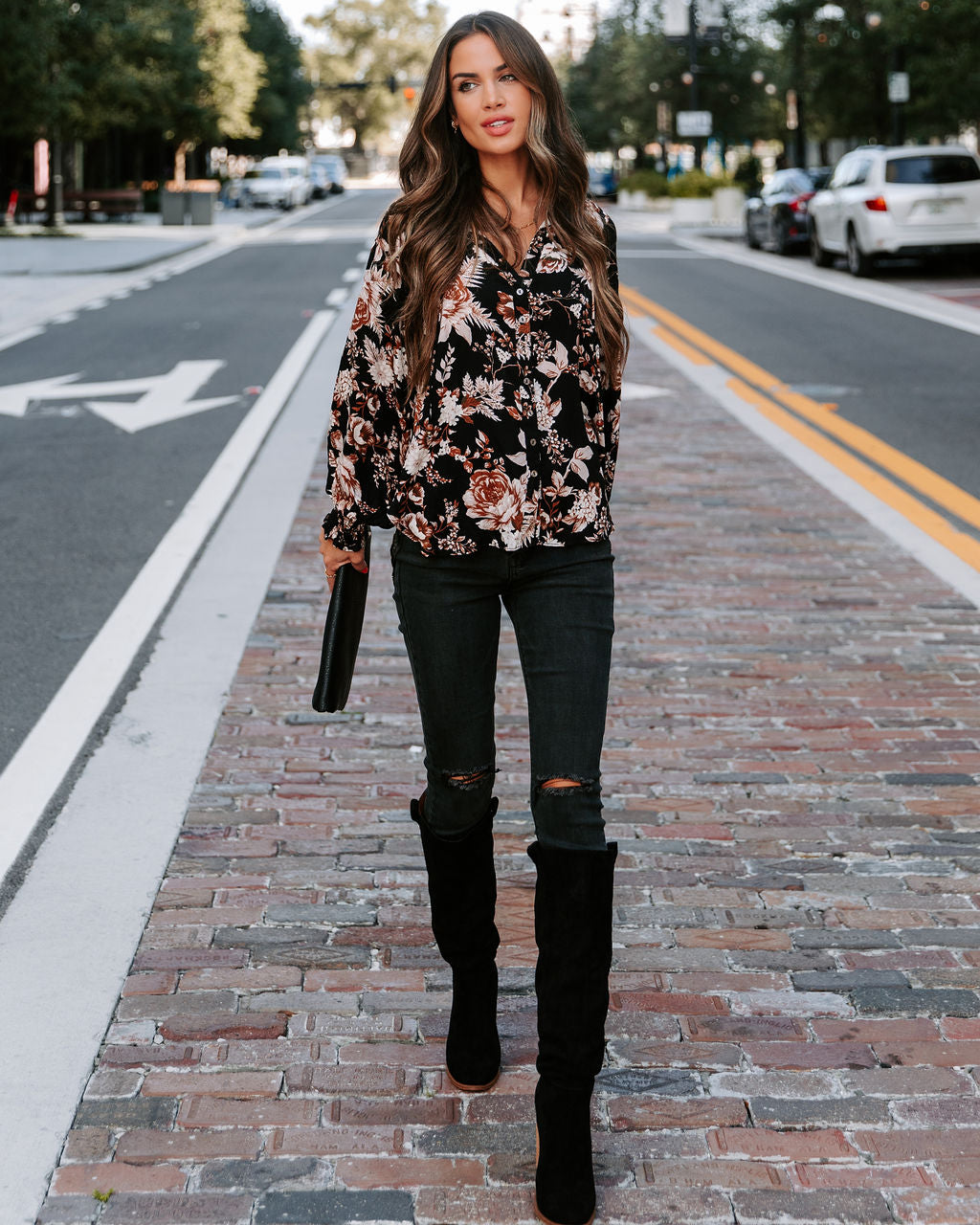 Crisp Fall Bloom Front Tie Button Down Top