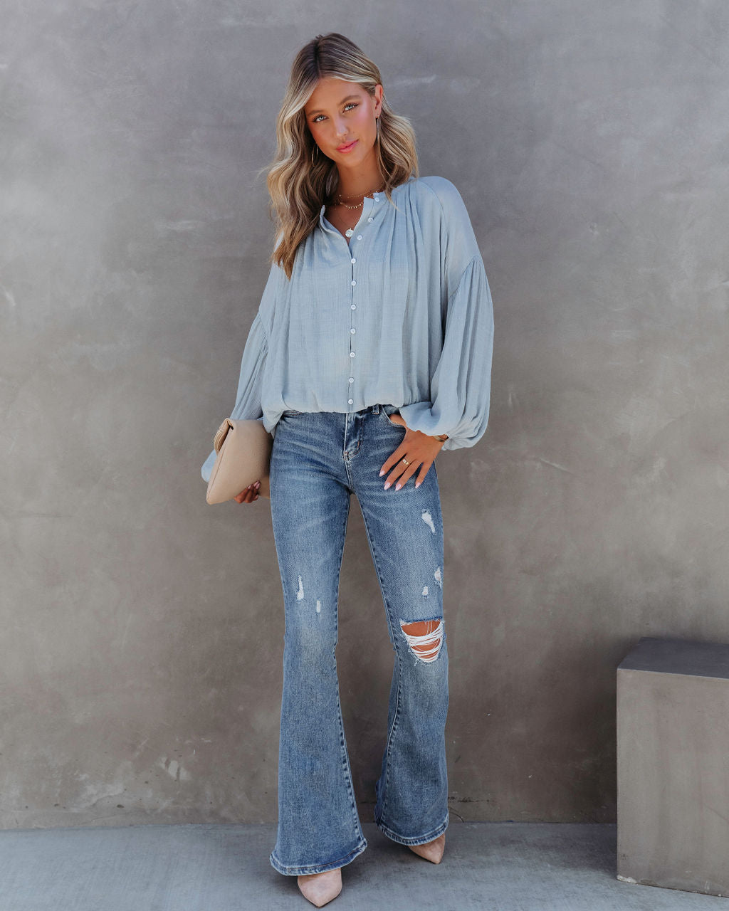 Bodhi Balloon Sleeve Button Up Top - Light Blue