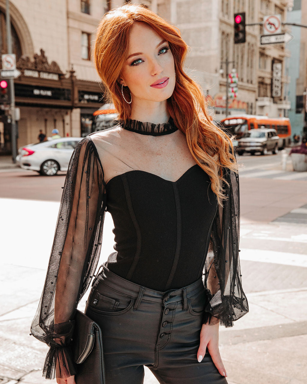 Lynette Sheer Mesh Pearl Embellished Top - Black