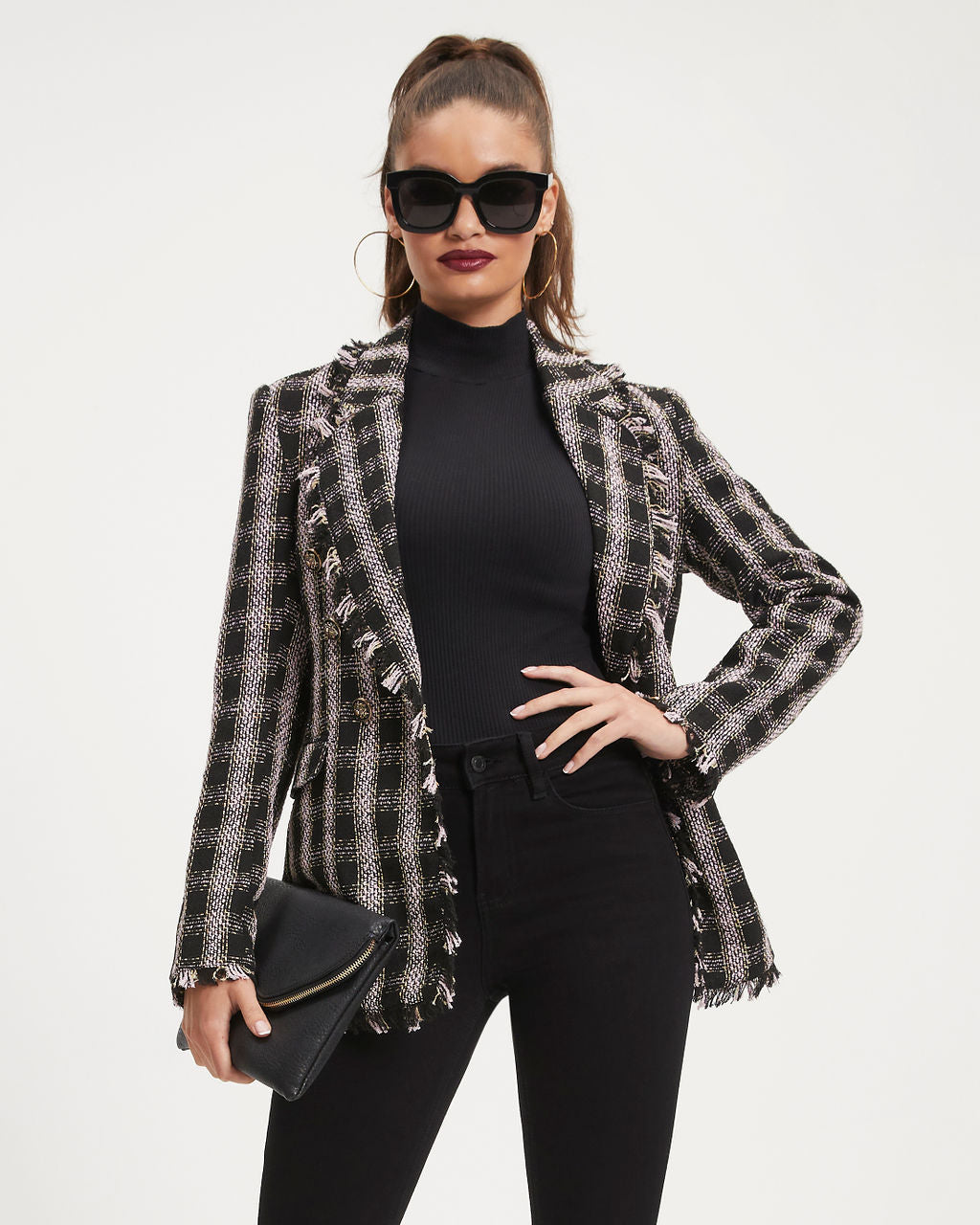 Laney Plaid Tweed Blazer - Black