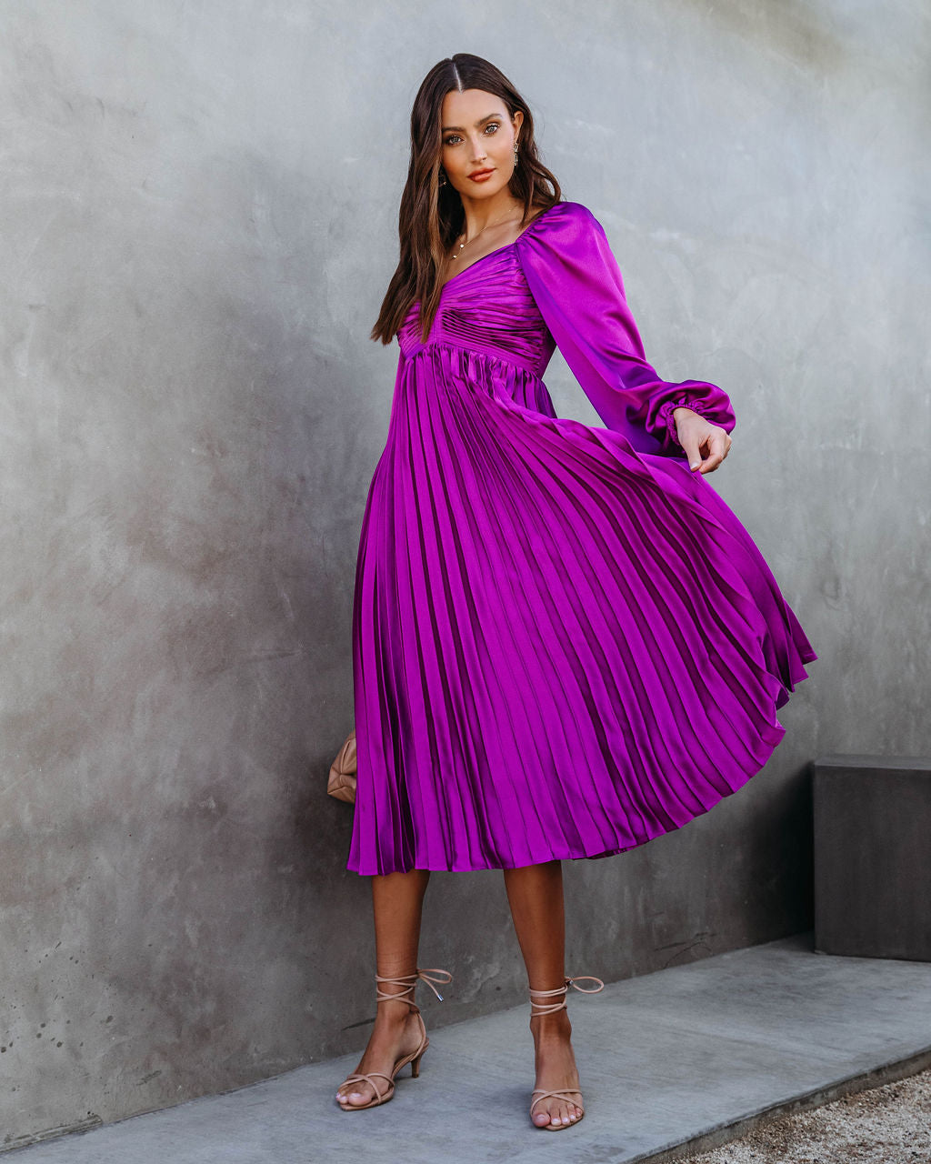 Romantic One Satin Pleated Midi Dress - Purple