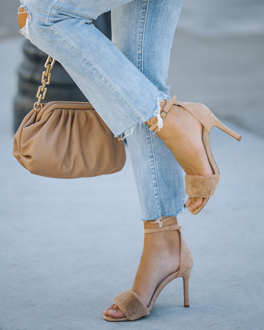 Nori Faux Fur Suede Heel - Almond