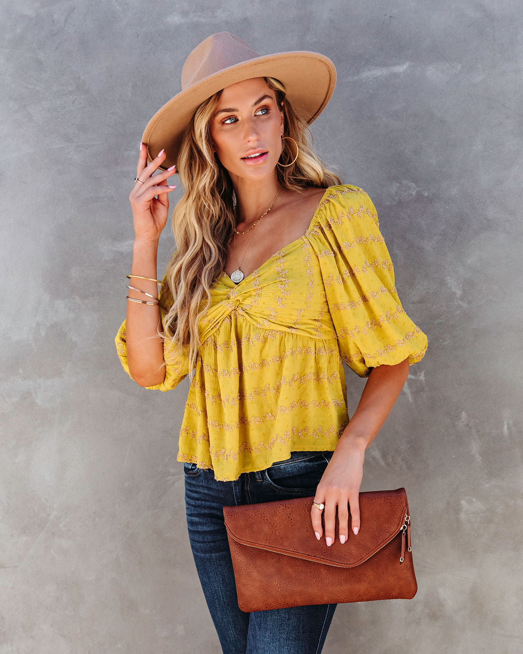 Divine Textured Puff Sleeve Top - Mustard - SALE
