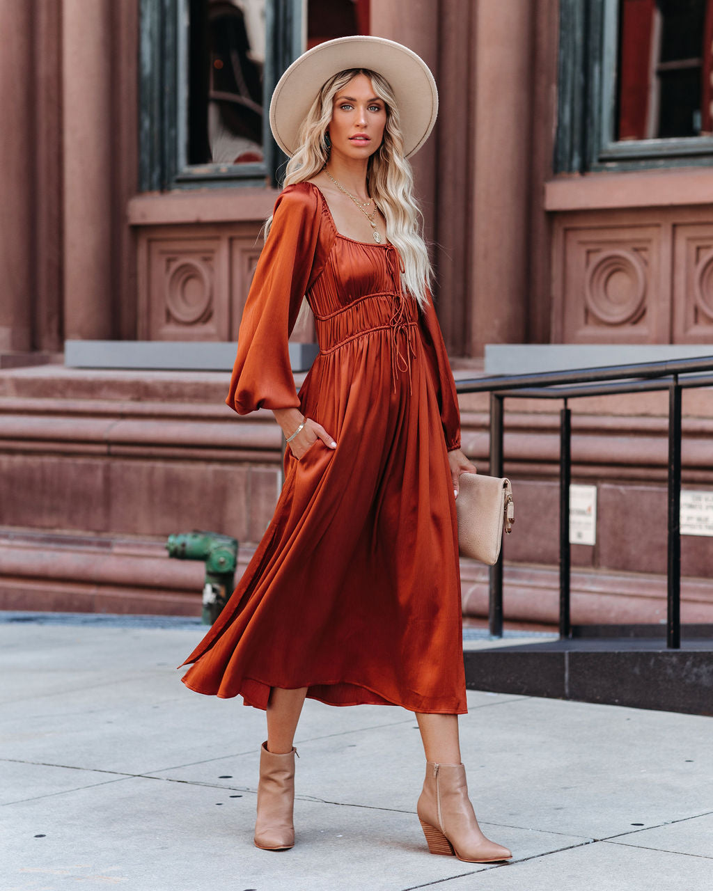 Pines Satin Pocketed Drawstring Midi Dress