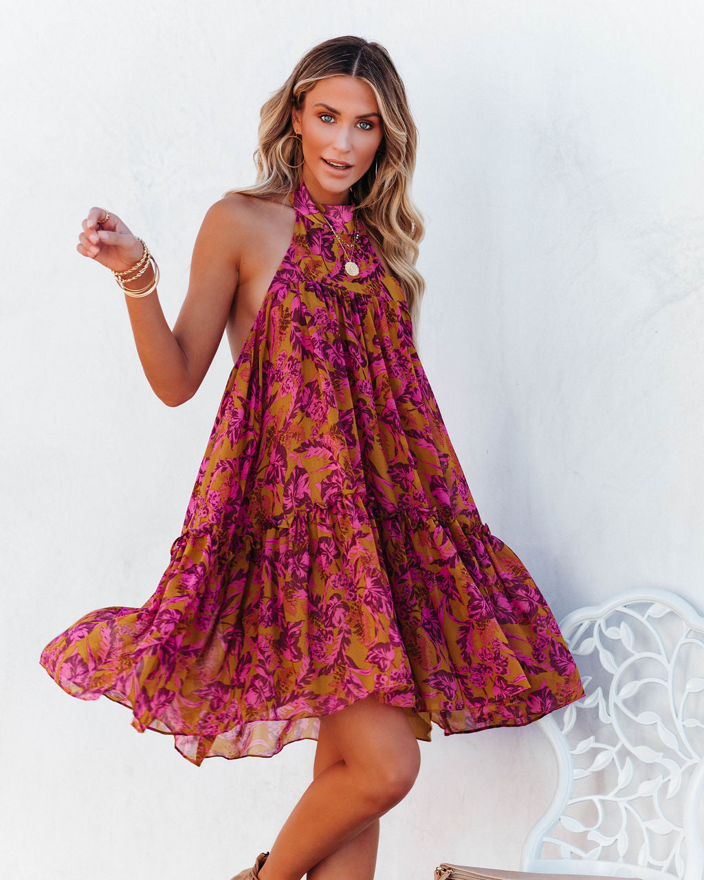 Plum Floral Backless Halter Mini Dress