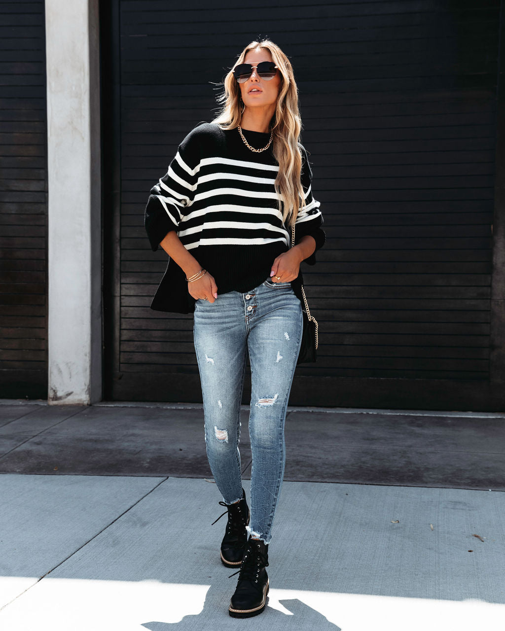 Hamptons Striped Oversized Pullover Sweater - Black