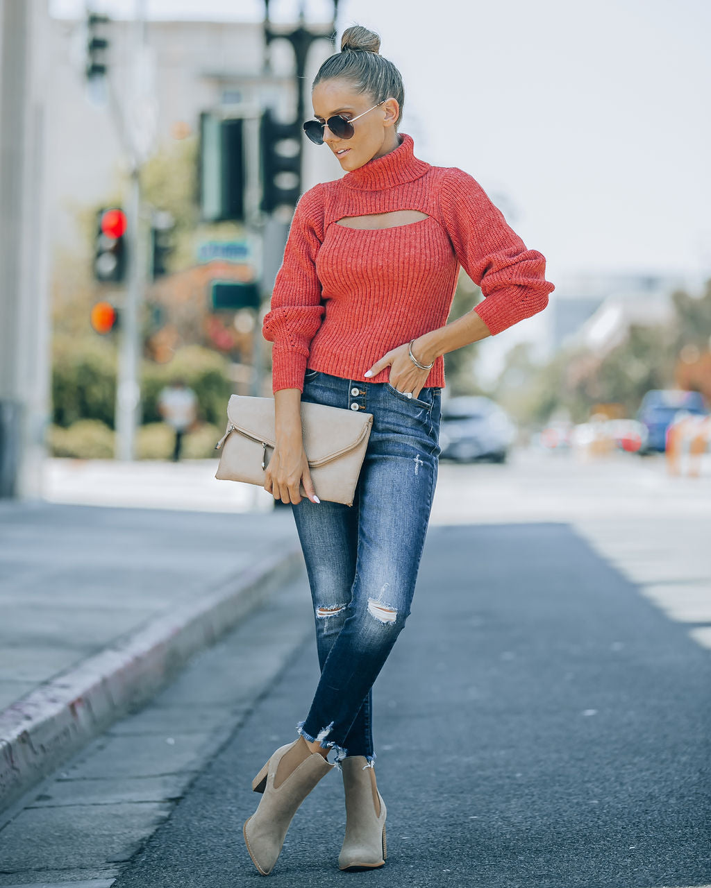 Taking Risks Knit Cutout Turtleneck Sweater - Rust - SALE