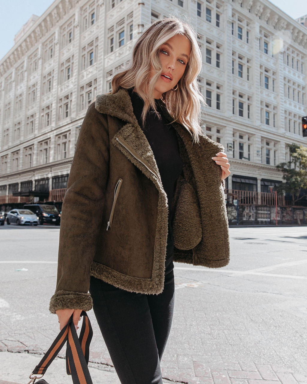 Earhart Pocketed Faux Suede Jacket - Olive