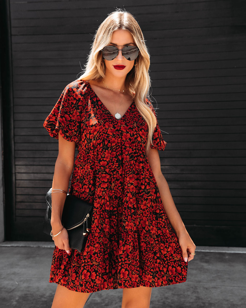 Picking Flowers Tiered Puff Sleeve Babydoll Dress - Black