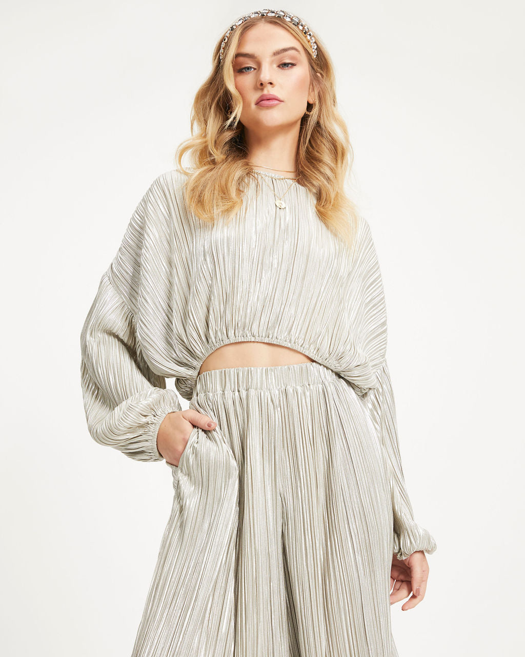 Kiyara Billowed Shimmer Plisse Top - Silver