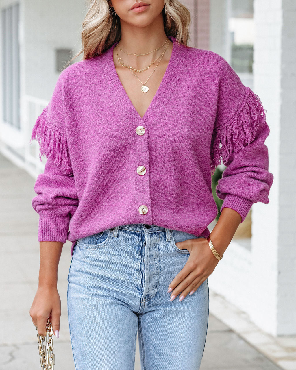 Trixie Fringe Knit Cardigan - Magenta - SALE