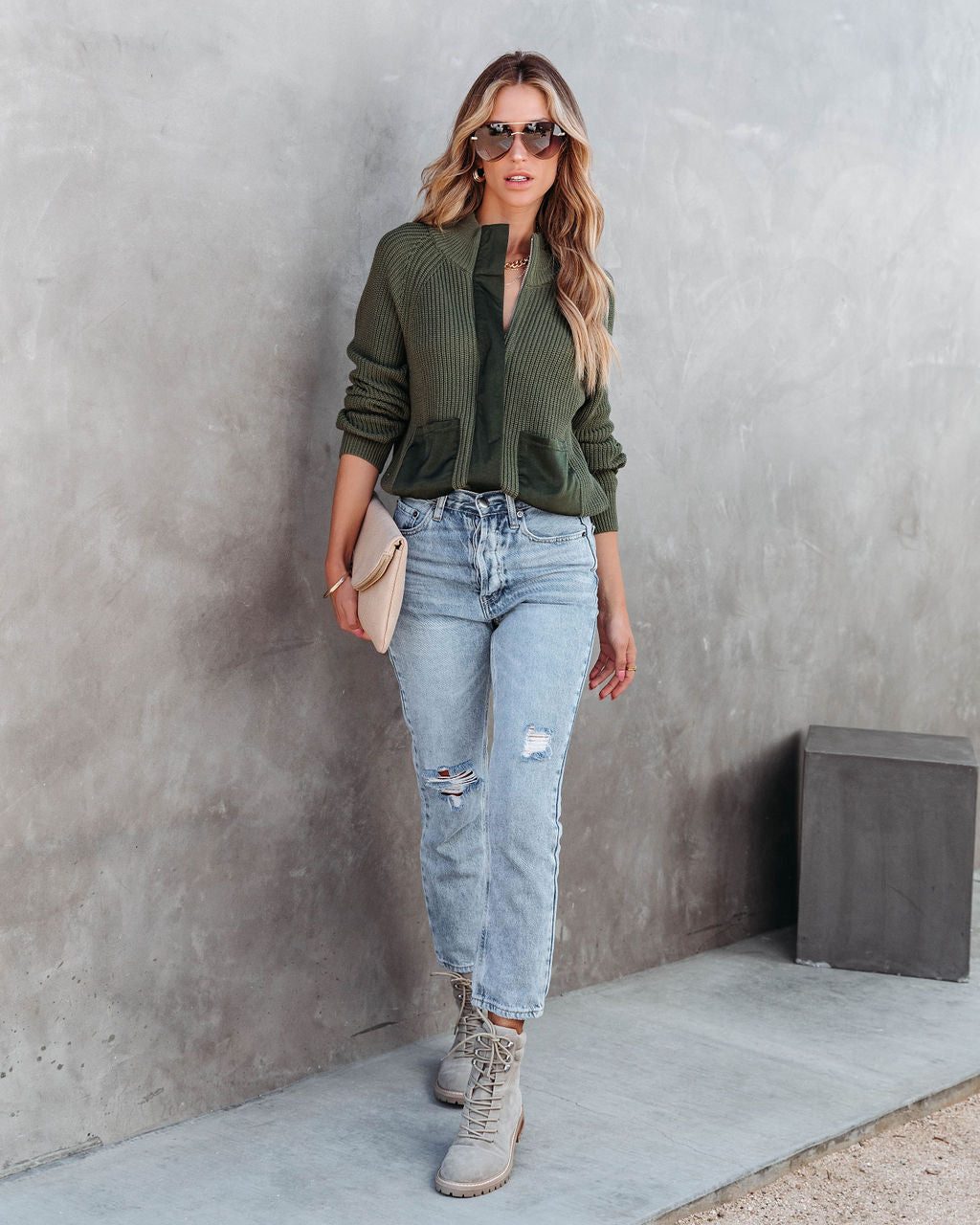 Looking Like A Million Knit Pocketed Satin Zip Up Sweater - Olive