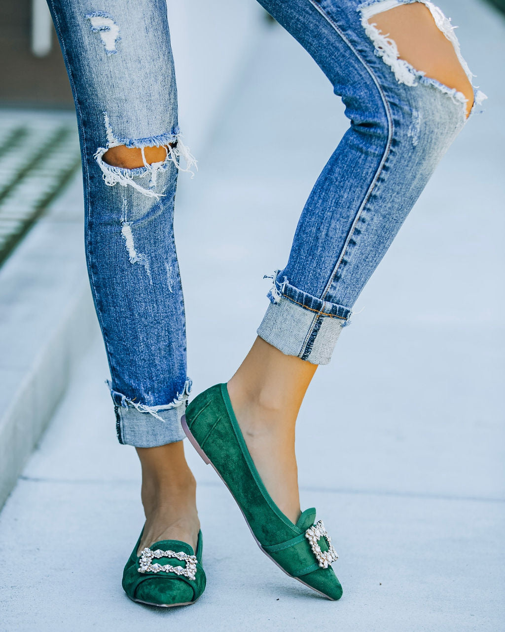 Vanderpump Embellished Faux Suede Flats - Emerald