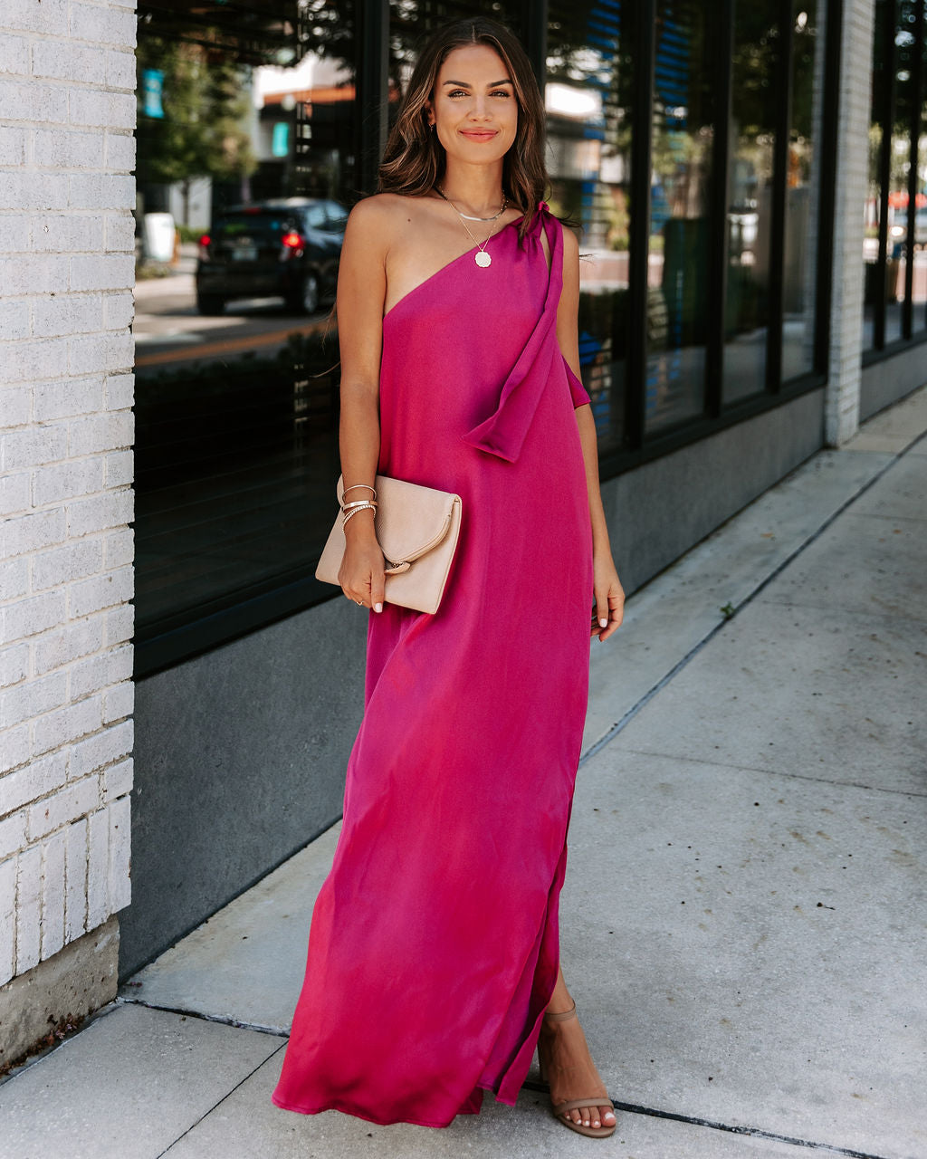 Invite Only Satin One Shoulder Maxi Dress - Burgundy