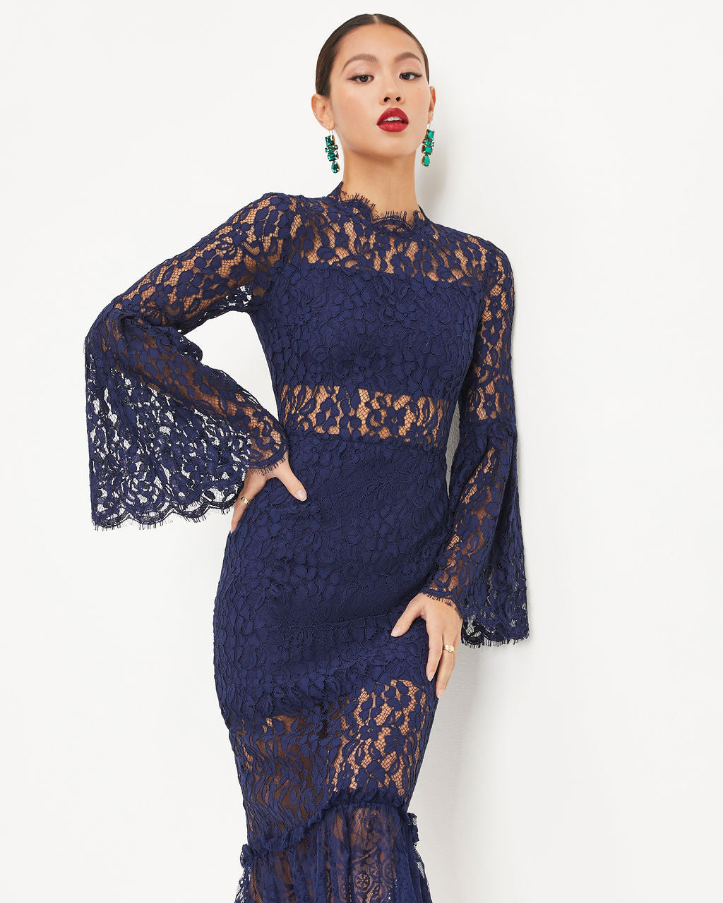 Love Story Baby Lace Bell Sleeve Midi Dress - Navy