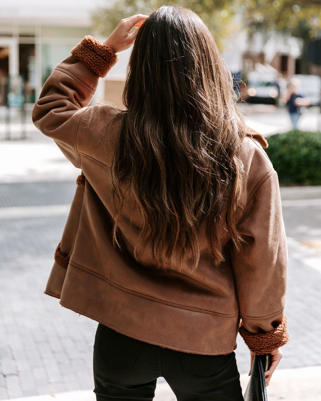 Karen Pocketed Faux Suede Sherpa Trim Jacket - Chocolate