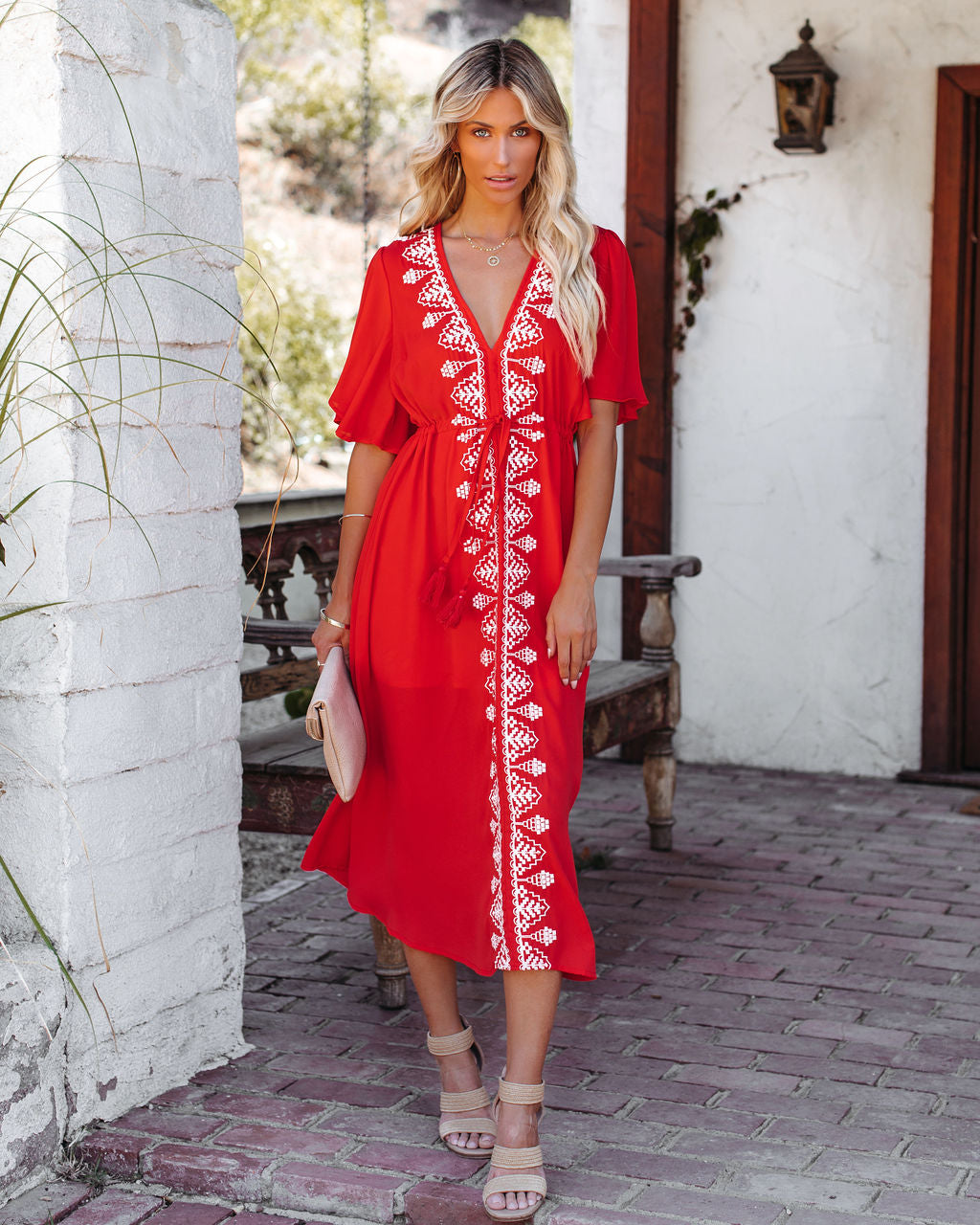 Presidio Embroidered Tassel Midi Dress - Tomato Red - FINAL SALE