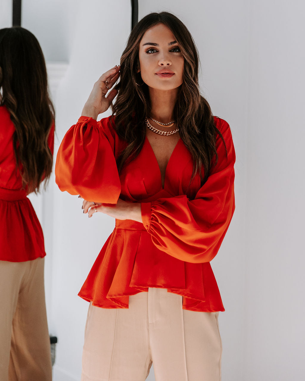 Gianna Plunge Neck Long Sleeve Top - Rust