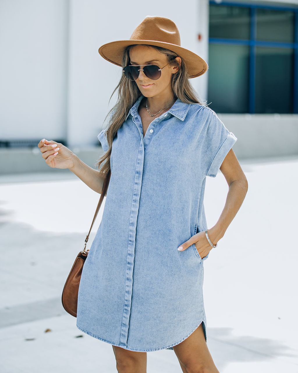 Chelsea Pocketed Denim Button Down Shirt Dress