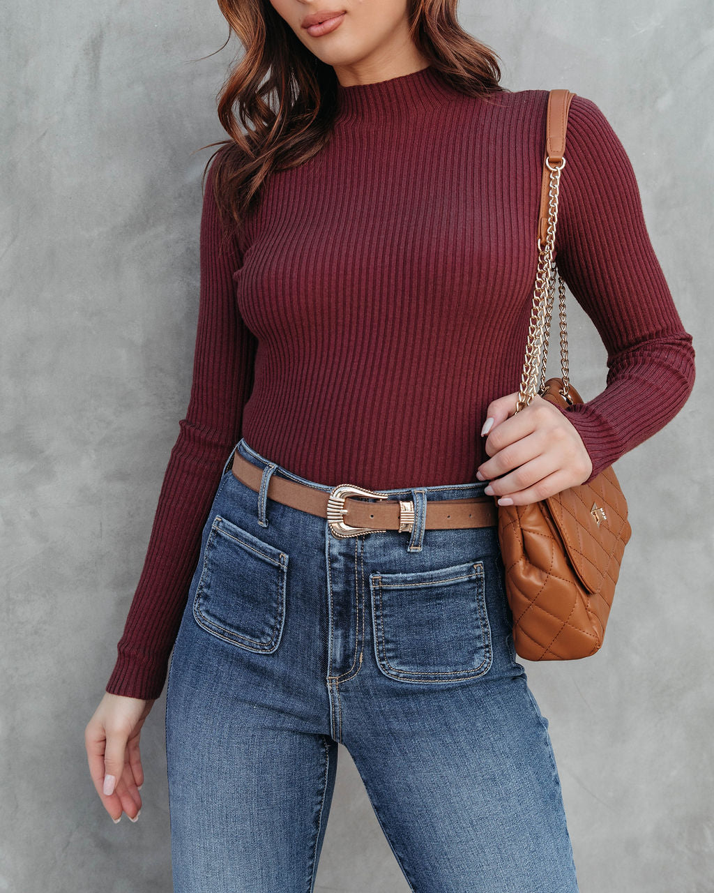 Naomi Ribbed Mock Neck Long Sleeve Top - Maroon