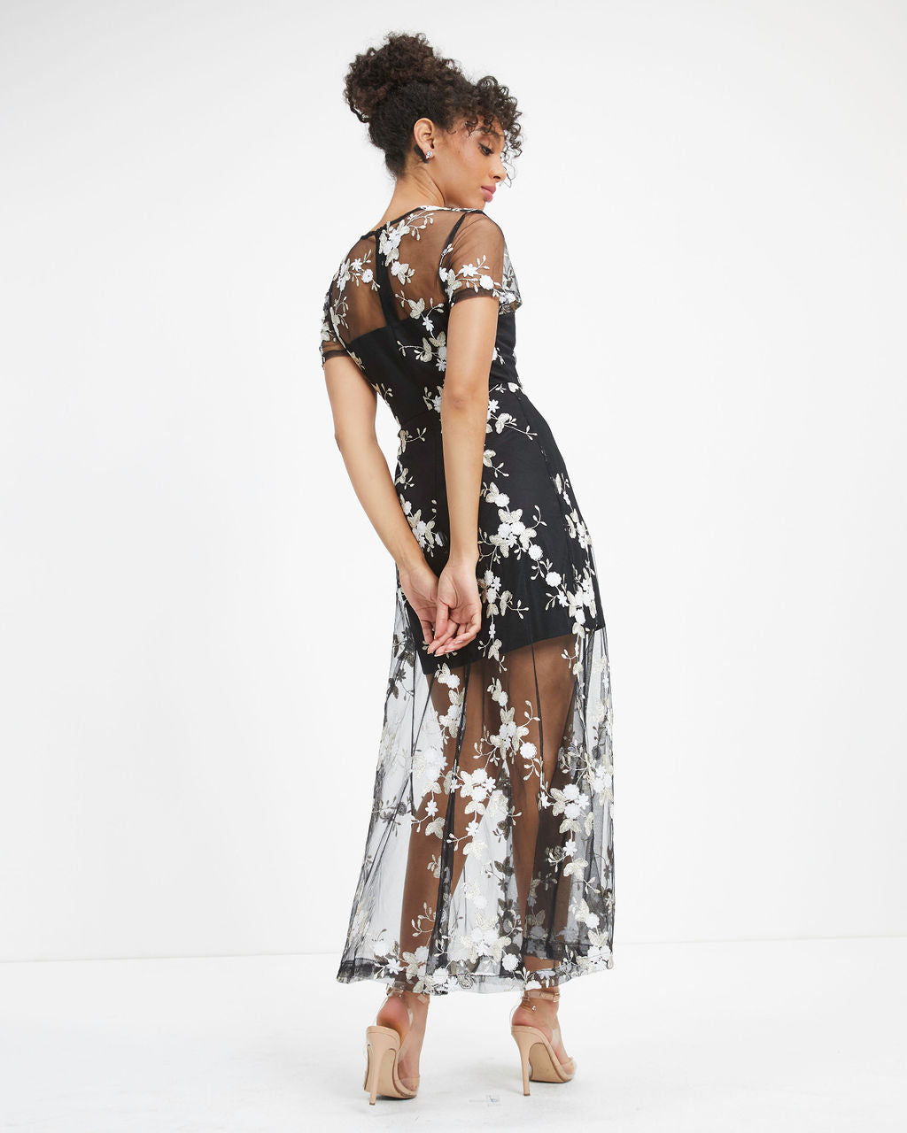Quite Exquisite Floral Embroidered Sheer Maxi Dress - Black