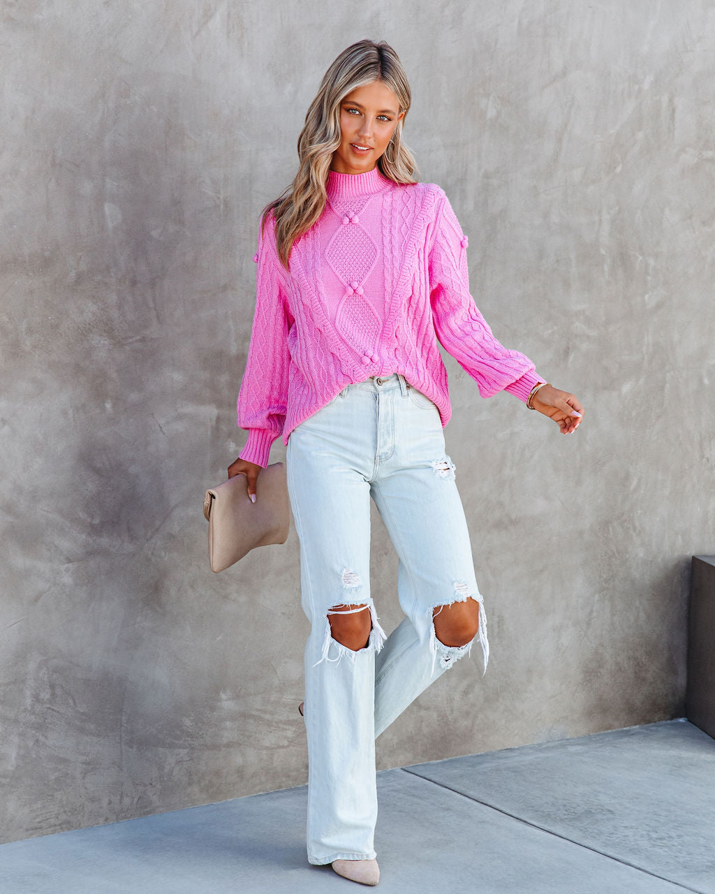 Chantel Cable Knit Pullover Sweater - Pink