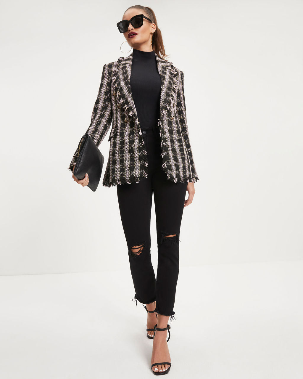 Laney Plaid Tweed Blazer - Black