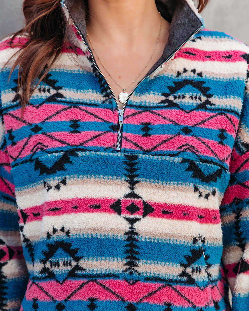 Sedona Pocketed Printed Half Zip Teddy Pullover Sweater