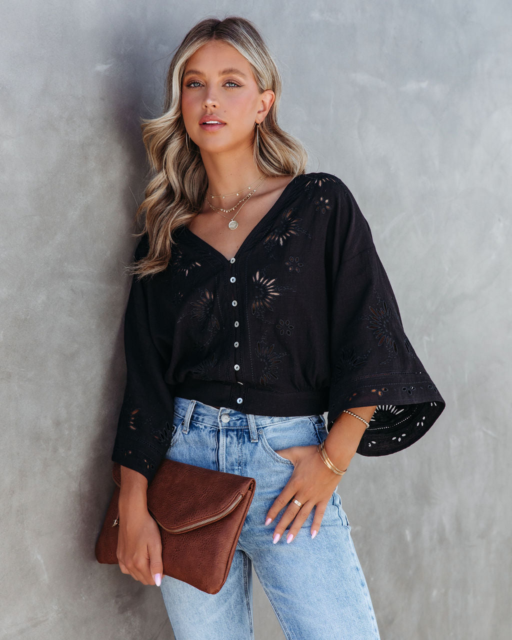 Je T'Aime Eyelet Button Down Top - Black