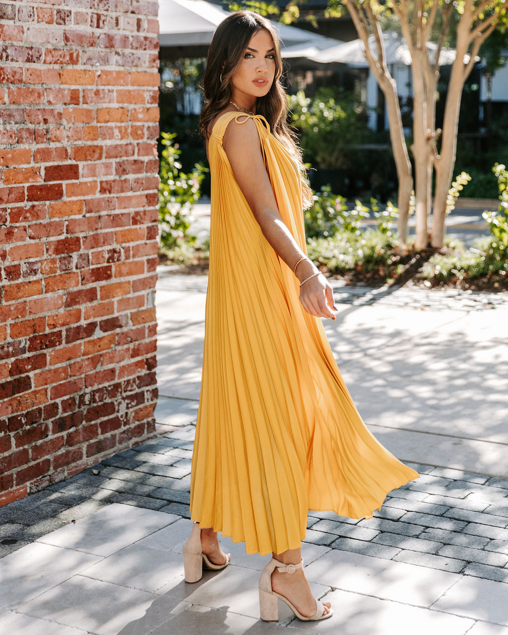 Melina Satin One Shoulder Pleated Midi Dress - Marigold